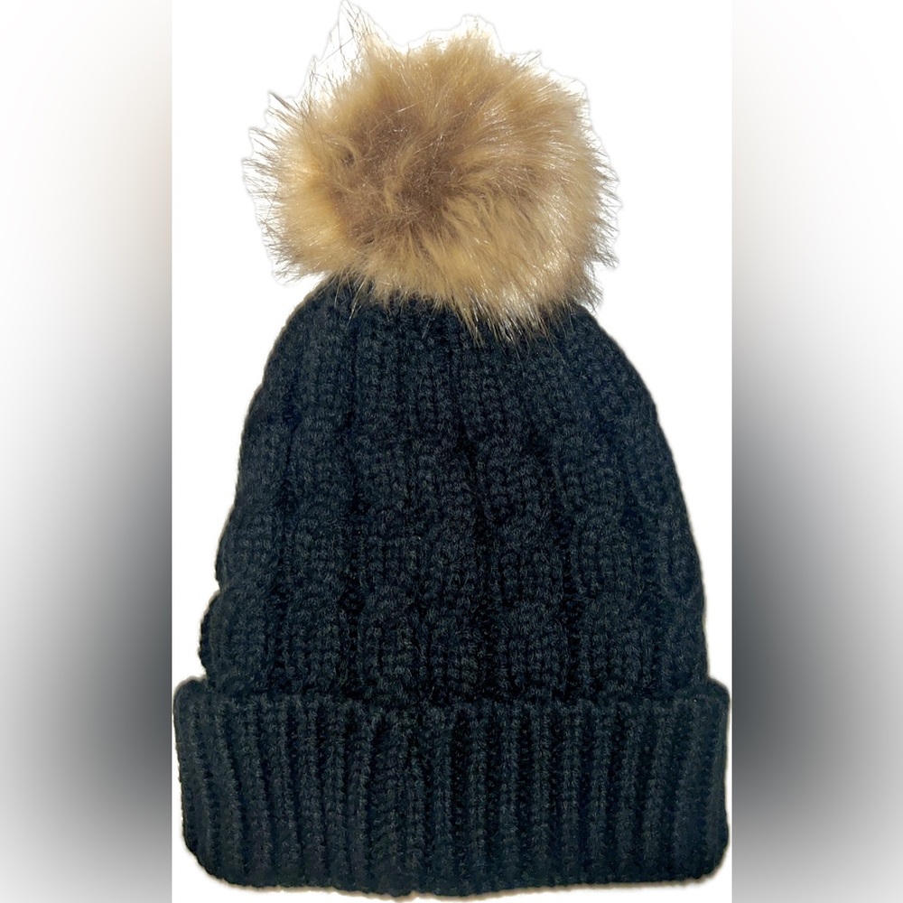 ⭐️UNISEX⭐️ESSENTIAL WINTER STAPLE WARM BLK RIBBED KNIT BEANIE W/FAUX FUR POMPOM